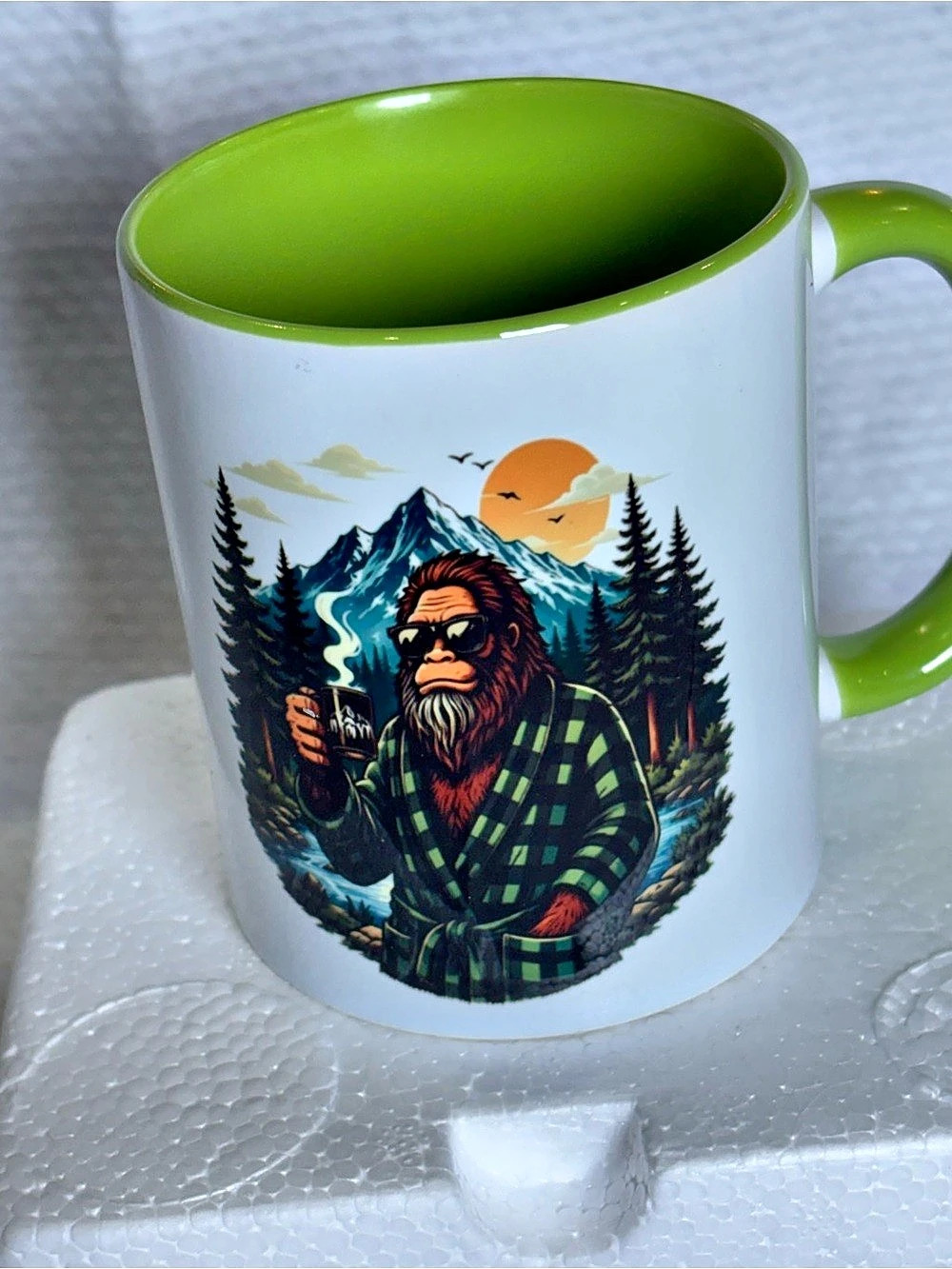 NEW Bigfoot Sasquatch Coffee Mug Green Cryptid Mountain Camping Gift